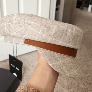 Gigi Pip- James Light Grey Grid Pattern w/Cognac Band-Wool- Sz 59 M/L adjustable